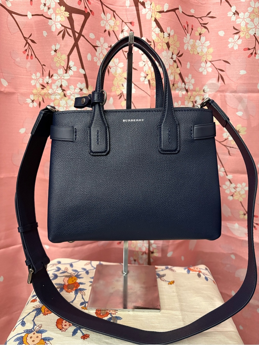 Burberry Navy Pebbled Leather Top-Handle Tote with Detachable Strap